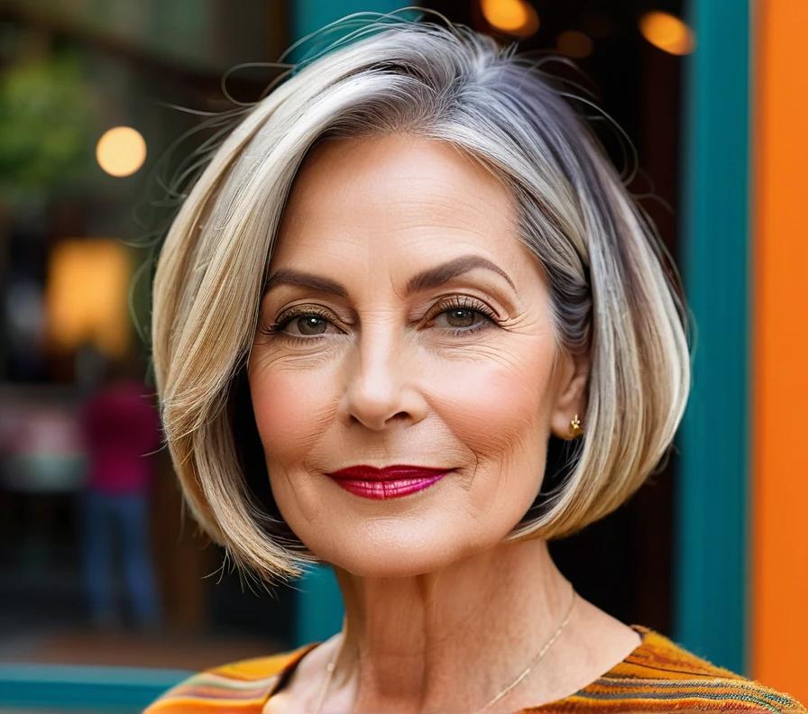 A sleek, straight bob hairstyle for women over 50 with round faces, featuring a middle part for a sophisticated look.