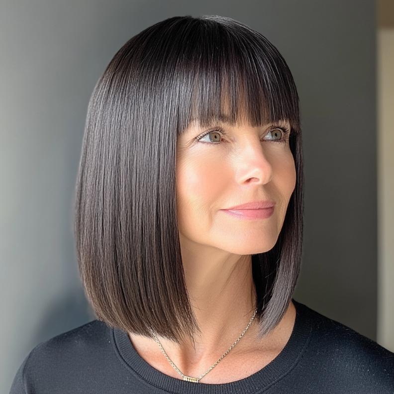 A sleek straight lob for women over 40, featuring blunt bangs that create a sharp, polished appearance