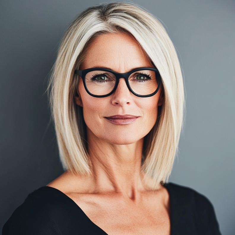 A sleek, straight lob that falls just above the shoulders, offering a modern and elegant style for women over 40 with glasses.