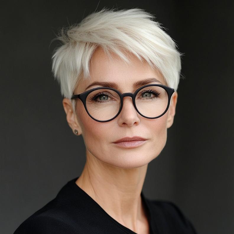 A sleek straight pixie, a polished and minimalistic short hairstyle for women over 50 with glasses, perfect for a refined look.