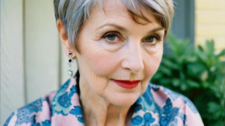 A soft and delicate pixie haircut on a woman over 60, with wispy ends.