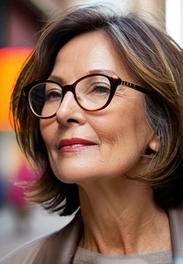 A soft, chin-length bob with wispy layers, ideal for women over 50 with glasses.