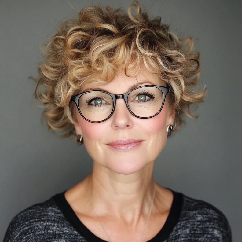 A soft curly pixie, a gentle and textured short hairstyle for women over 50 with glasses, enhancing natural curls with a stylish finish.