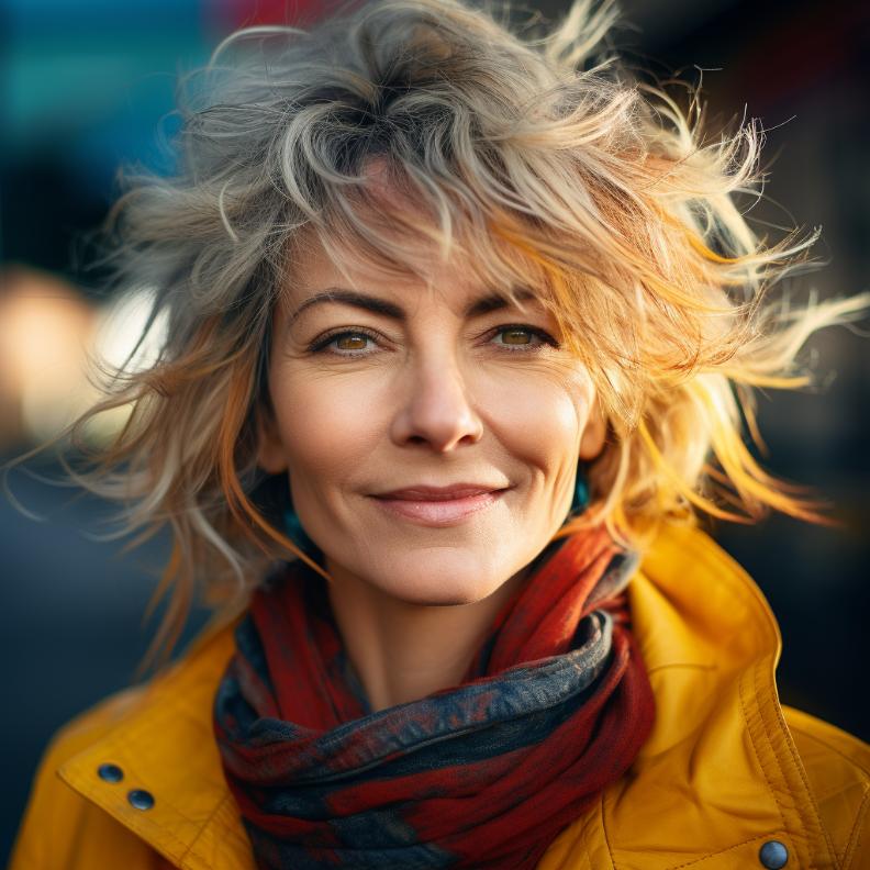 A soft shag haircut with layers around the face, adding texture without width, suitable for women over 50 with round faces.