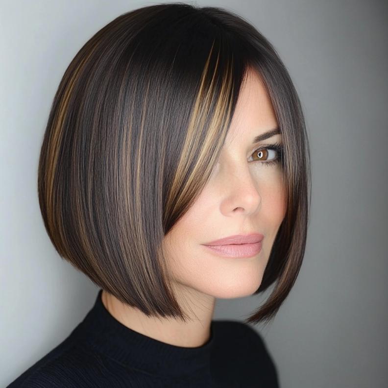 A sophisticated bob hairstyle for women over 40, highlighted by sleek, straight hair and elegant side-swept bangs