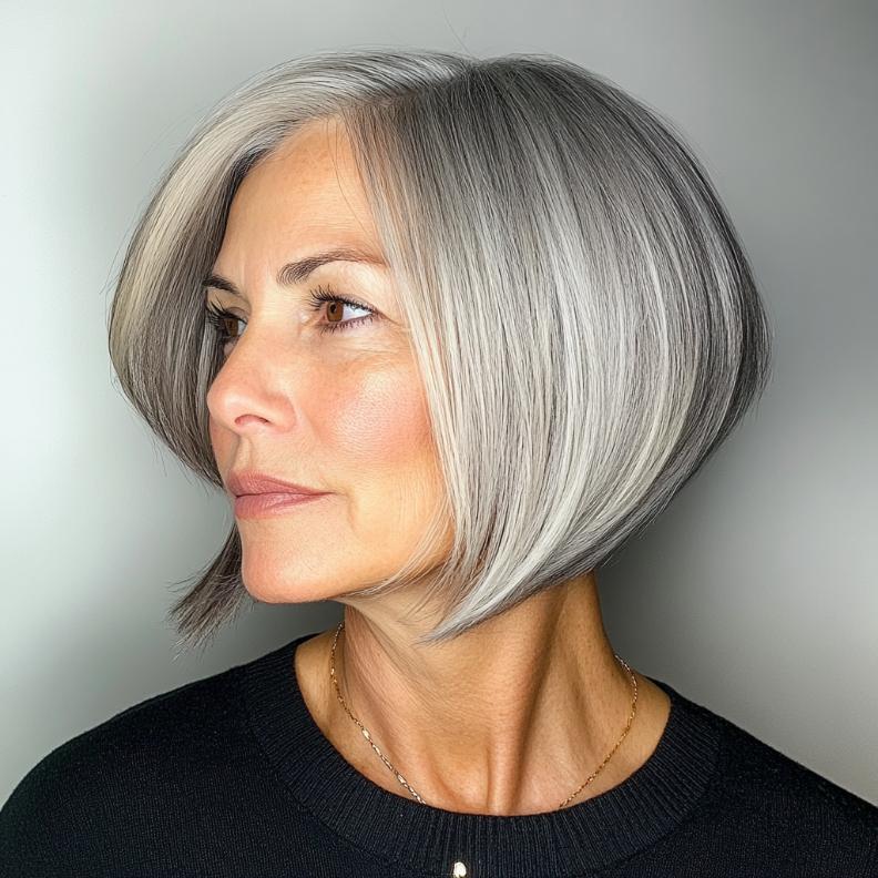 A sophisticated gray asymmetrical bob for women over 50, featuring a sleek and modern cut.