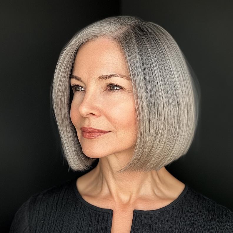 A sophisticated gray blunt bob with a middle part for women over 50, offering a sleek and polished look.