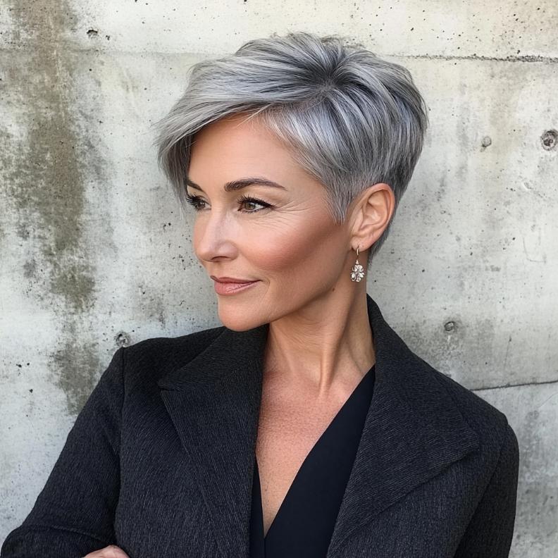 A sophisticated gray sleek pixie with a side part for women over 50, providing a polished and modern style.