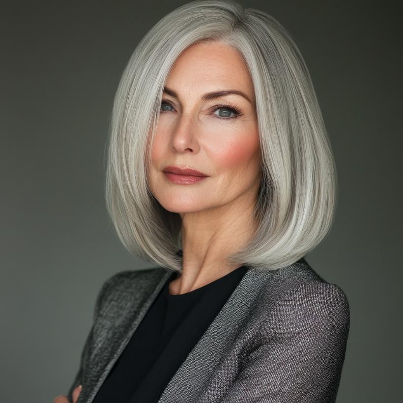 A sophisticated gray sleek shoulder-length cut for women over 50, providing a polished and elegant look.