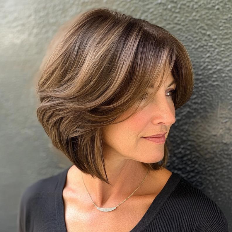 A sophisticated layered bob for women over 40, with side-swept bangs that add volume and elegance.