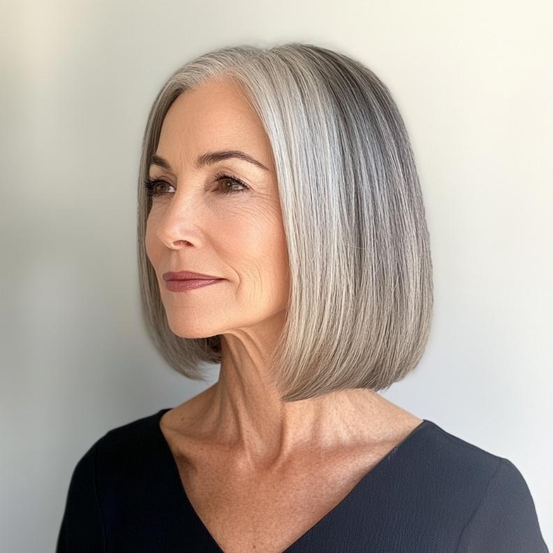 A sophisticated older woman with a sleek, straight lob, offering a polished and timeless appearance.