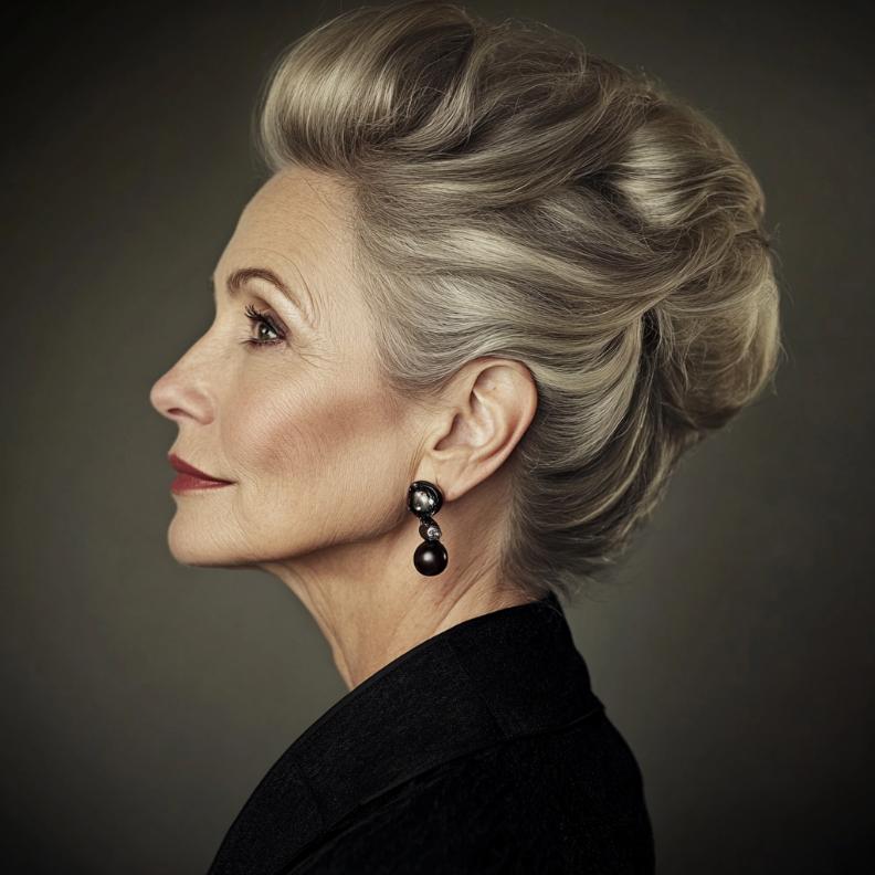 A sophisticated older woman with her hair styled in a classic French twist, perfect for formal occasions.