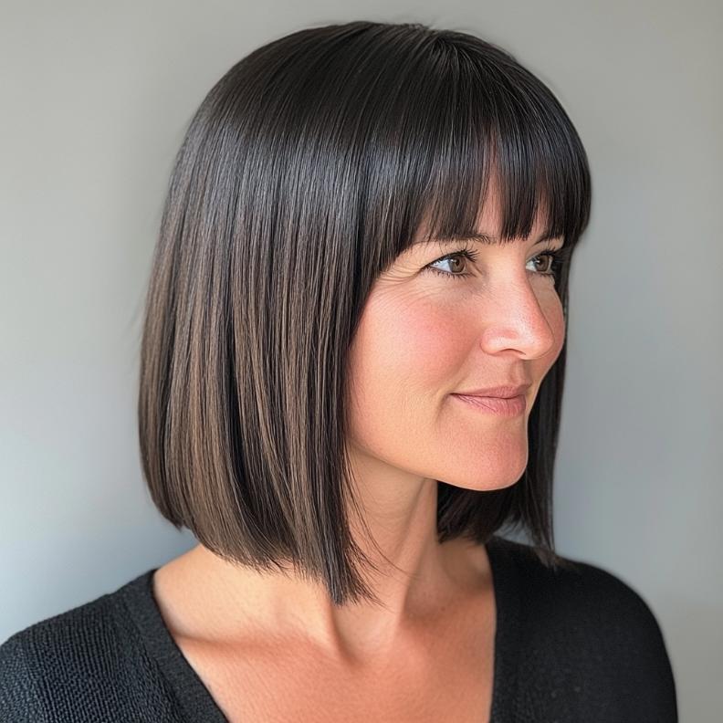 A sophisticated sleek lob haircut for women over 40, paired with straight bangs for a polished and refined look