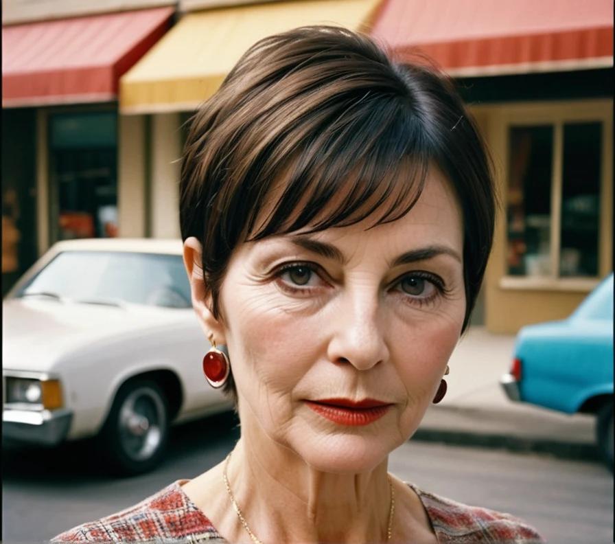 A sophisticated woman over 50 with a blunt pixie cut, featuring sharp, straight edges for a strong, defined look.