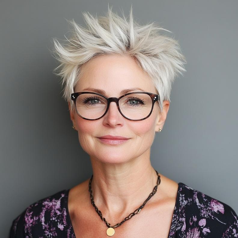 A spiky pixie, a playful and youthful short hairstyle for women over 50 with glasses, adding a fun and modern touch.