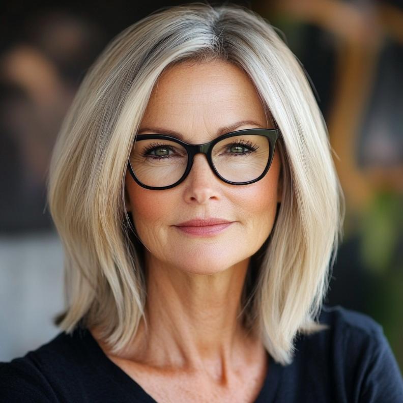 A straight, shoulder-length cut that is sleek and easy to maintain, perfect for women over 40 with glasses.