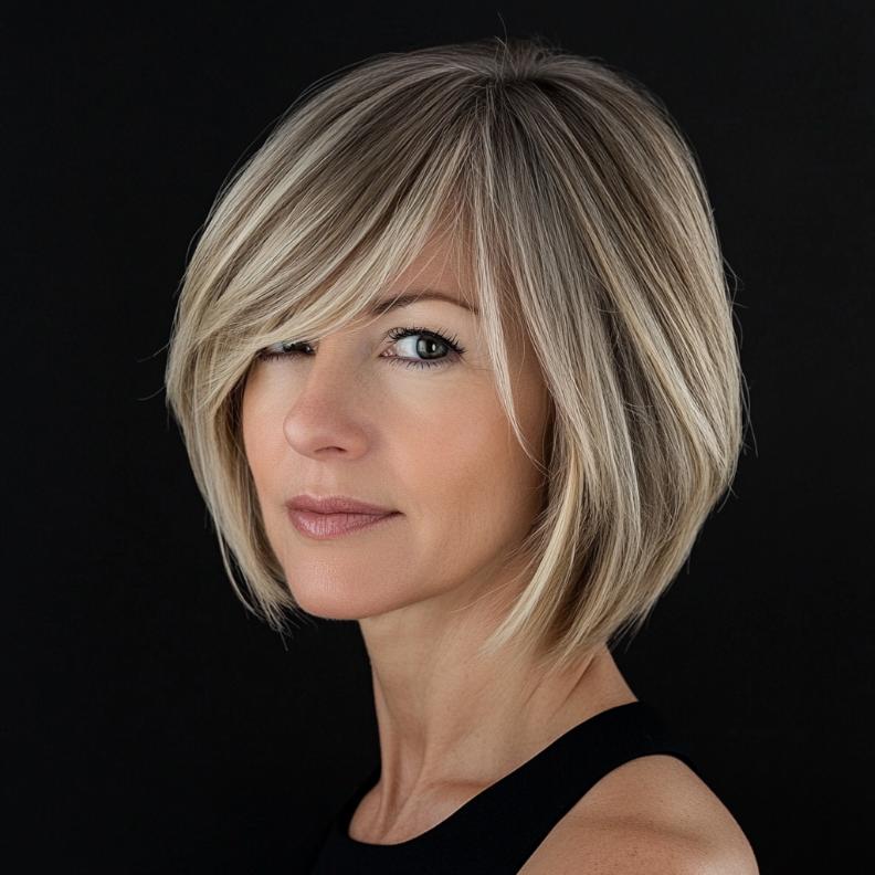 A stylish bob haircut for women over 40 with sleek, side-swept bangs that add a touch of sophistication and modern elegance