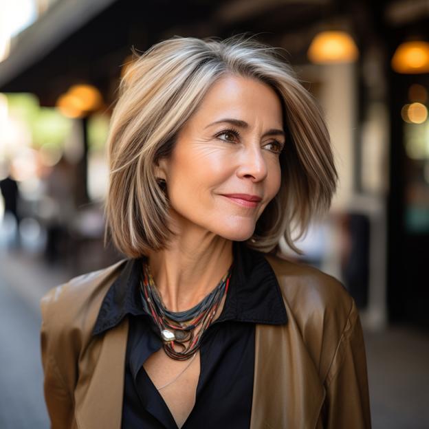 A stylish chin-length bob hairstyle for women over 50, perfect for round faces, adding volume and framing the face elegantly.