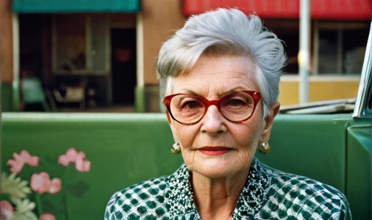 A stylish elderly woman with a pixie cut featuring a quiff for added height and flair.