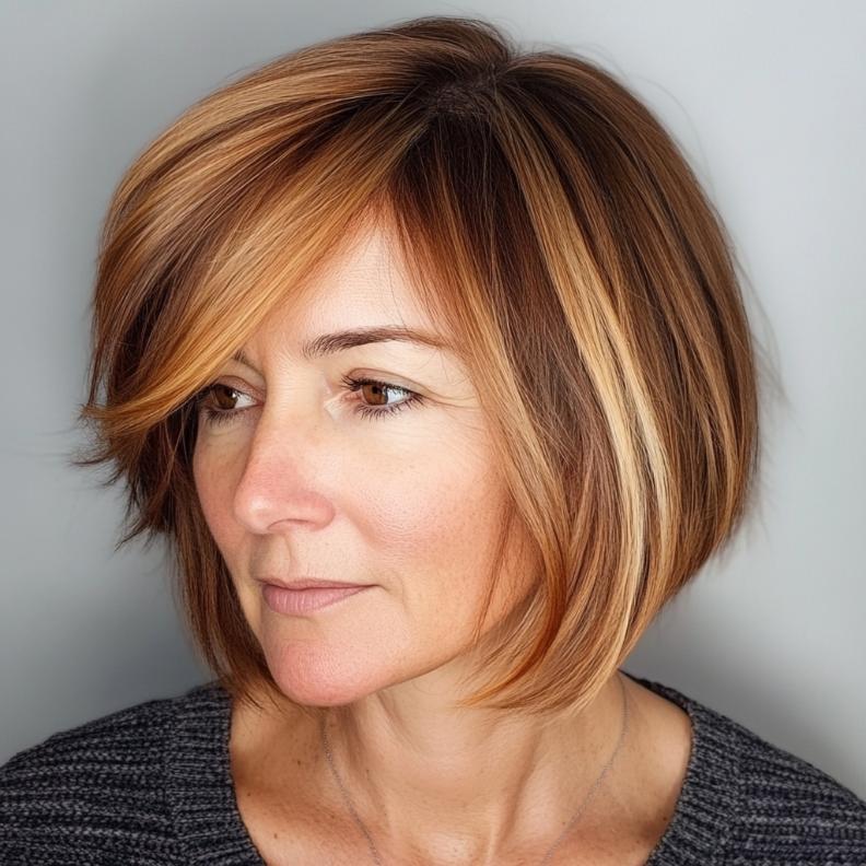 A stylish graduated bob haircut for women over 40, highlighted by side-swept bangs that create a flattering, angled shape