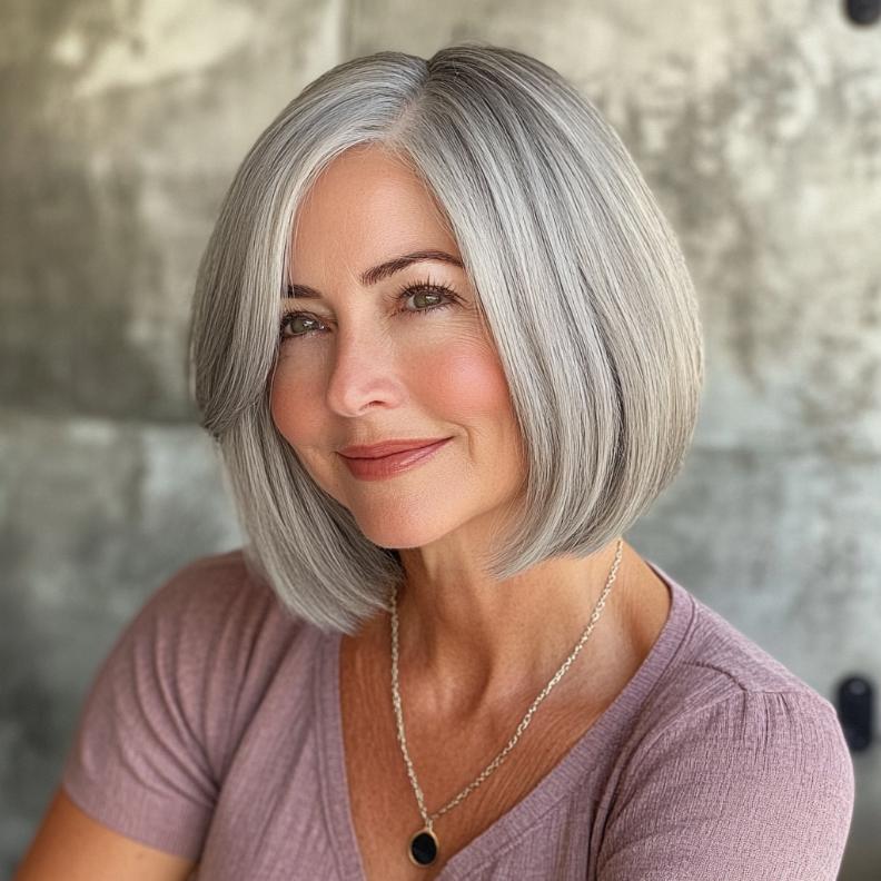 A stylish gray chin-length bob with textured ends, ideal for women over 50 wanting a trendy and easy-to-maintain hairstyle.