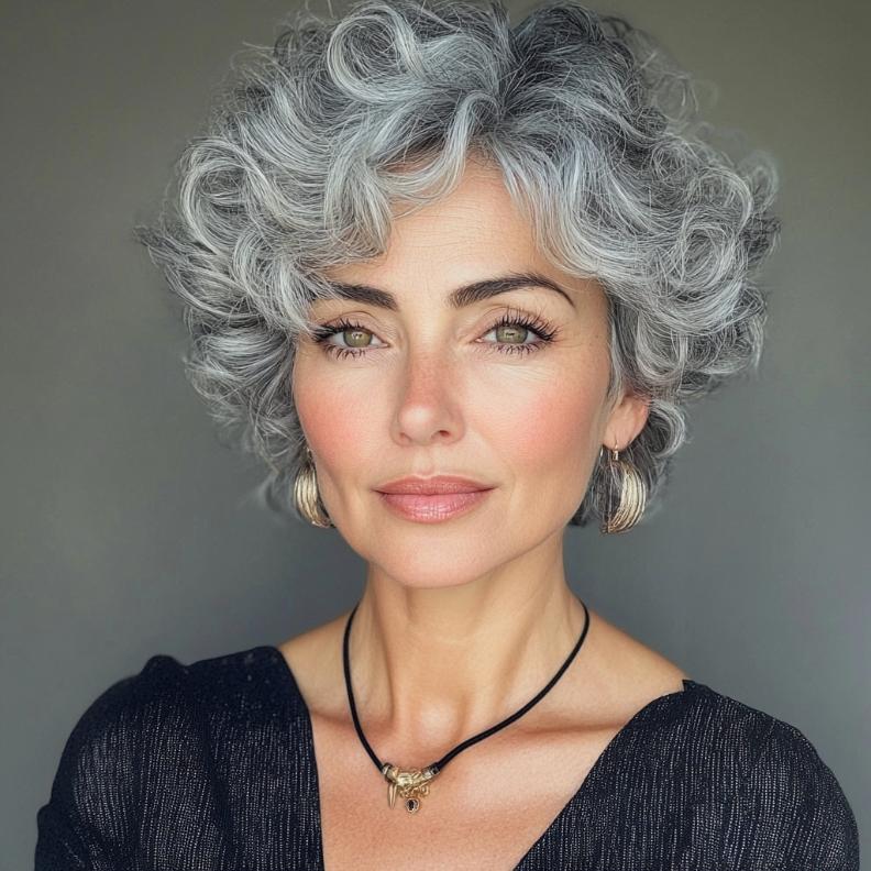 A stylish gray curly crop with a side part for women over 50, emphasizing natural curls.