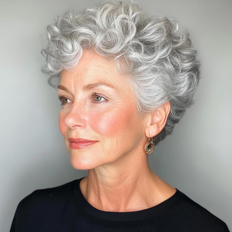 A stylish gray curly crop with a tapered back for women over 50, providing a neat and modern hairstyle.