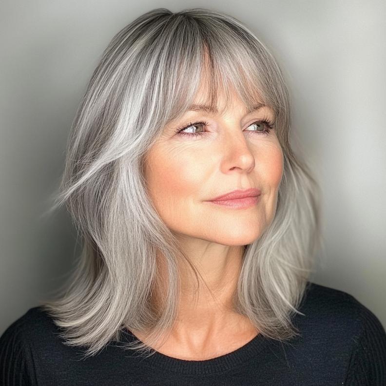 A stylish gray long bob with a wispy fringe for women over 50, providing a soft and youthful style.