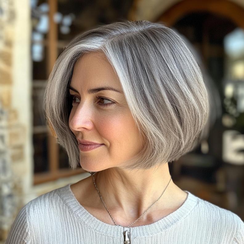 A stylish gray short bob with subtle highlights for women over 50, enhancing the natural gray color.