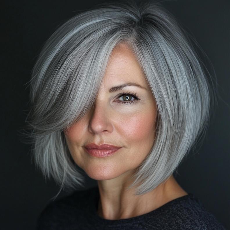 A stylish gray textured bob with feathered ends for women over 50, offering a modern and dynamic appearance.