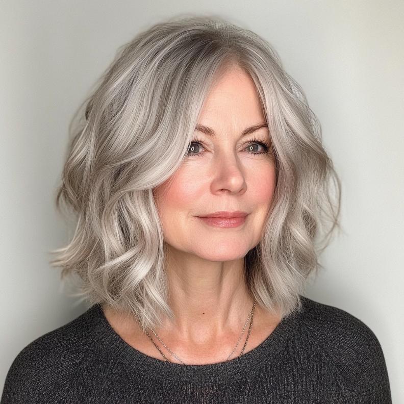 A stylish gray textured lob with soft waves for women over 50, providing a versatile and easy-to-style look.