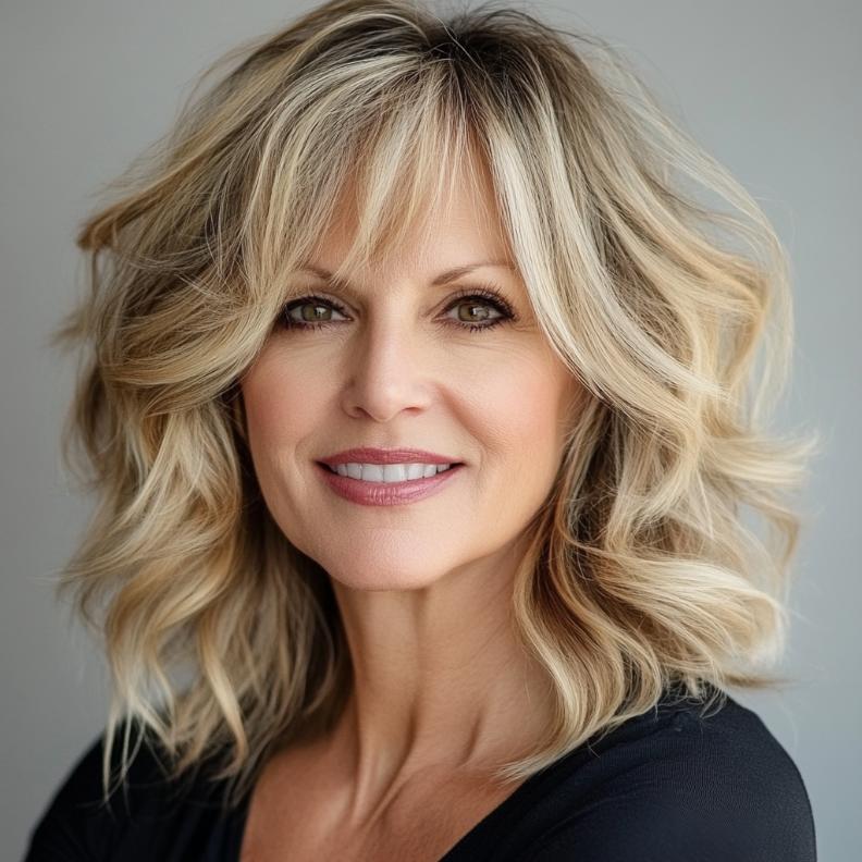 A stylish hairstyle for women over 40, with curled ends and side bangs that create a playful and elegant look.