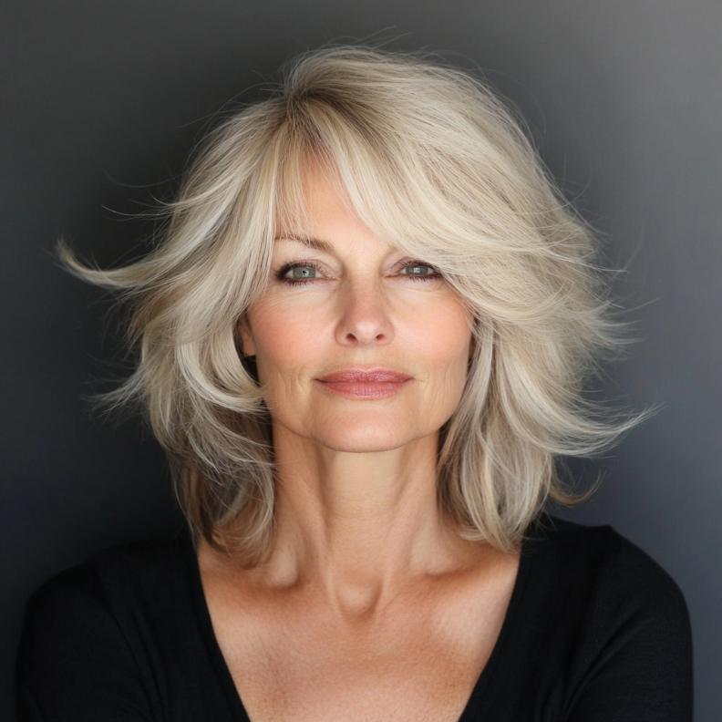 A stylish layered shag hairstyle for women over 60 with side-swept bangs adding a youthful and soft touch