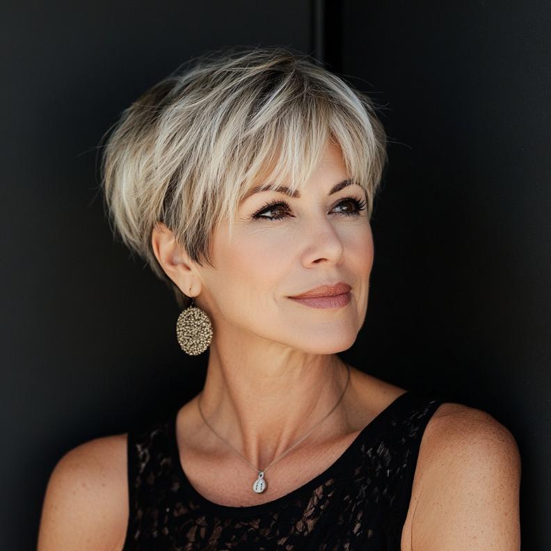 A stylish pixie bob for women over 40, featuring textured bangs that add depth and a modern edge.