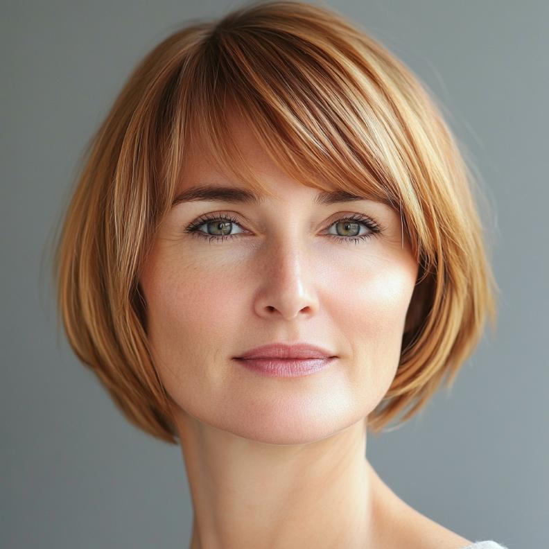 A stylish short bob haircut for women over 40, complemented by light and wispy bangs for a soft, feminine touch