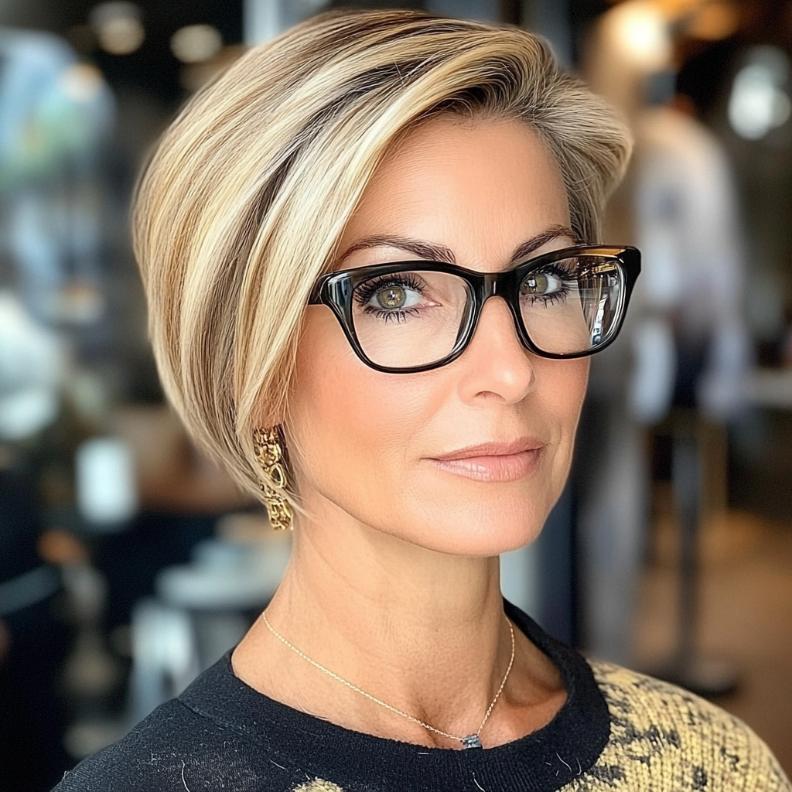 A stylish short bob with a hidden undercut, providing a modern twist for women over 40 with glasses.