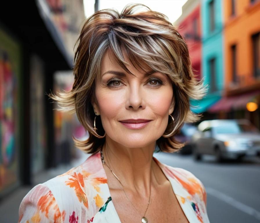 A stylish short shag haircut with soft, side-swept bangs, perfect for women over 50 seeking a youthful and modern look.