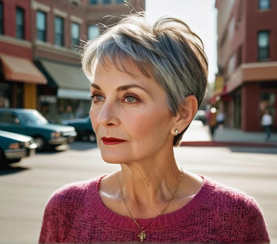 A stylish woman over 50 with a pixie cut and a nape undercut, adding a sleek and clean finish to her look.