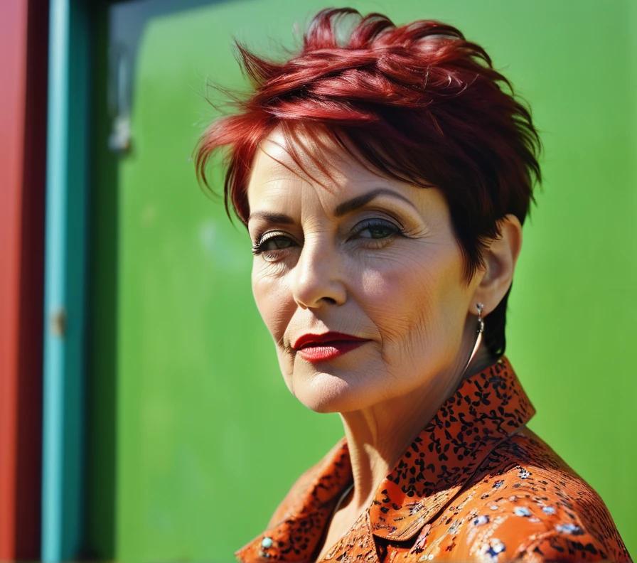 A stylish woman over 50 with an asymmetrical pixie cut, featuring one side longer for a trendy and chic style.