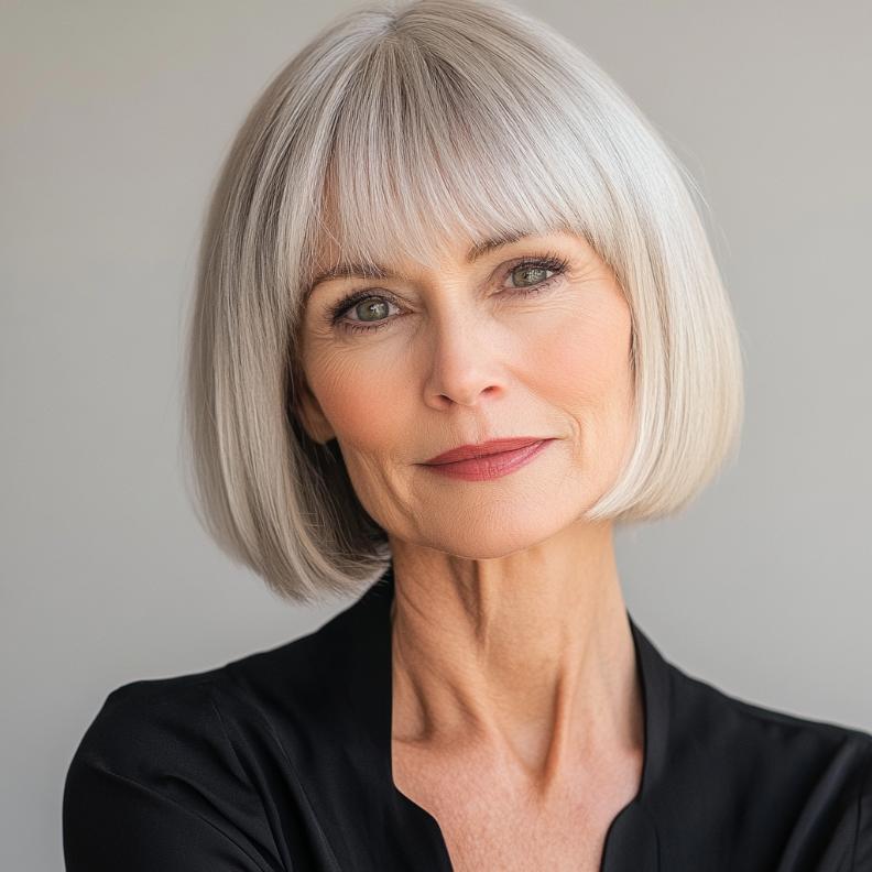 A stylish woman over 60 with a classic bob cut, featuring smooth side bangs that gently frame her face.