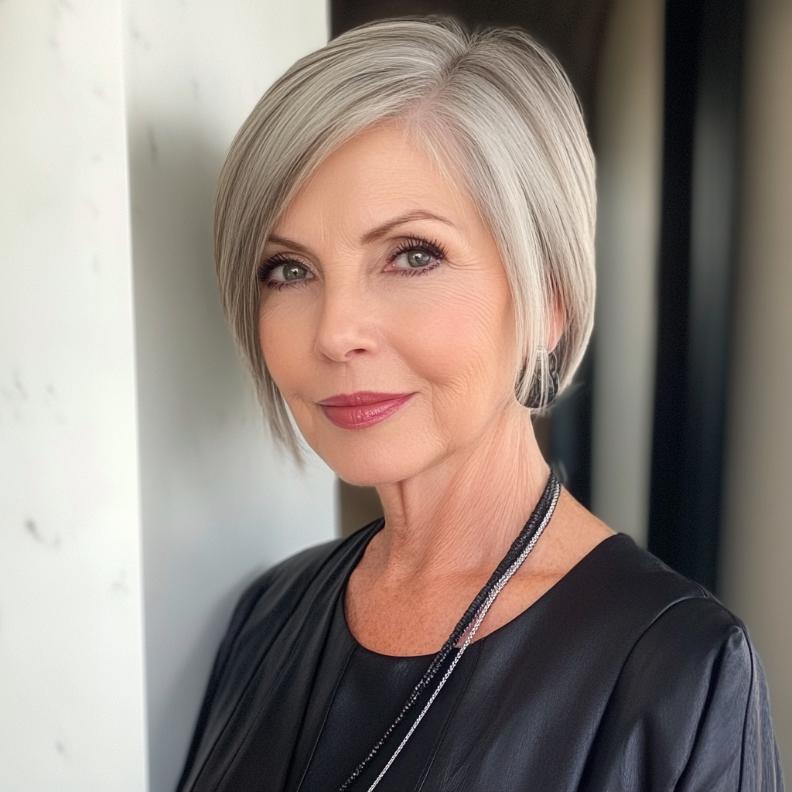 A stylish woman over 60 with a long pixie cut, parted to the side for a sleek and polished look.