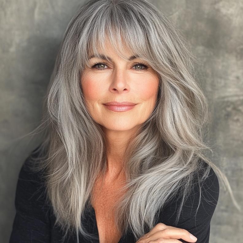 A stylish woman over 60 with long, flowing layers and wispy bangs that gently soften her look.