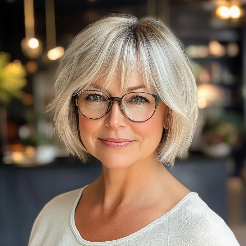 A textured bob with fringe, a soft and flattering short hairstyle for women over 50 with glasses, adding movement and framing the face.