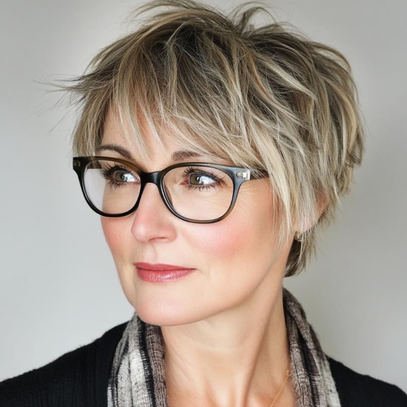 A textured crop with side-swept bangs, offering a playful and youthful style for women over 40 with glasses.