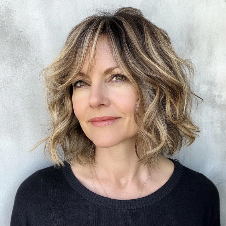 A textured lob hairstyle for women over 40, styled with soft waves and side bangs that add movement and dimension.