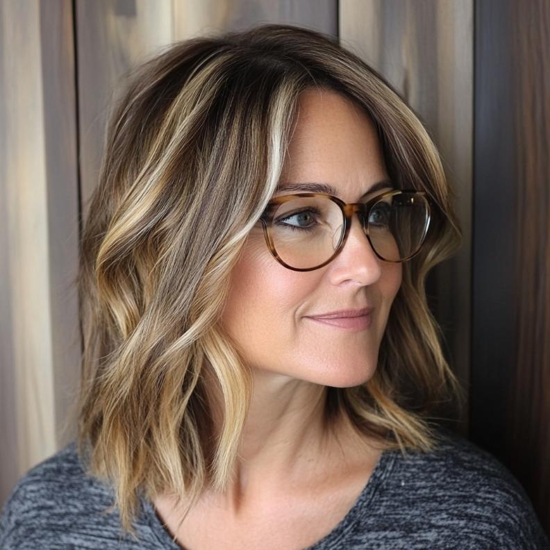 A textured lob with balayage highlights, offering a modern and dimensional style for women over 40 with glasses.