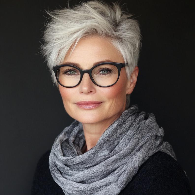 A textured pixie cut, a lively and dynamic short hairstyle for women over 50 with glasses, full of volume and personality.