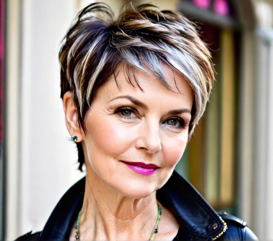 A textured pixie cut with choppy layers, giving a youthful and edgy look, perfect for women over 50 with round faces.