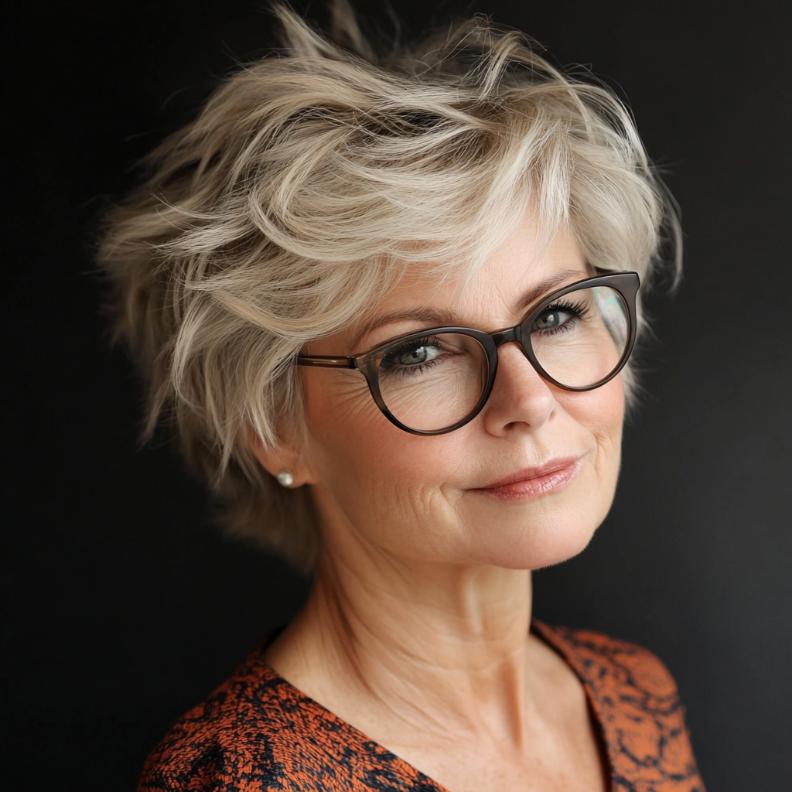 A textured shag, an edgy and dynamic short hairstyle for women over 50 with glasses, full of movement and personality