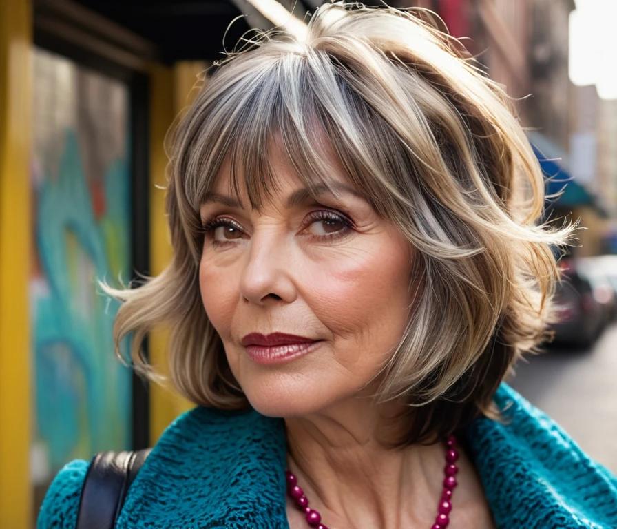 A textured shag haircut complemented by trendy curtain bangs, offering a chic and age-defying look for women over 50.